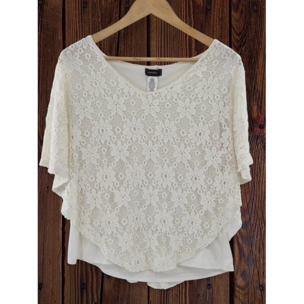 Womens Ivory Floral Lace Overlay Lined Poncho Blouse L Dolman Sleeve Cottagecore - Picture 5 of 11
